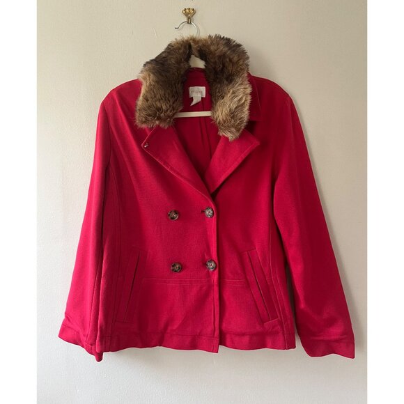 Chicos Sz L Faux Fur Red Pea Coat Jacket Cross Button Lined Long Sleeves - Picture 1 of 7